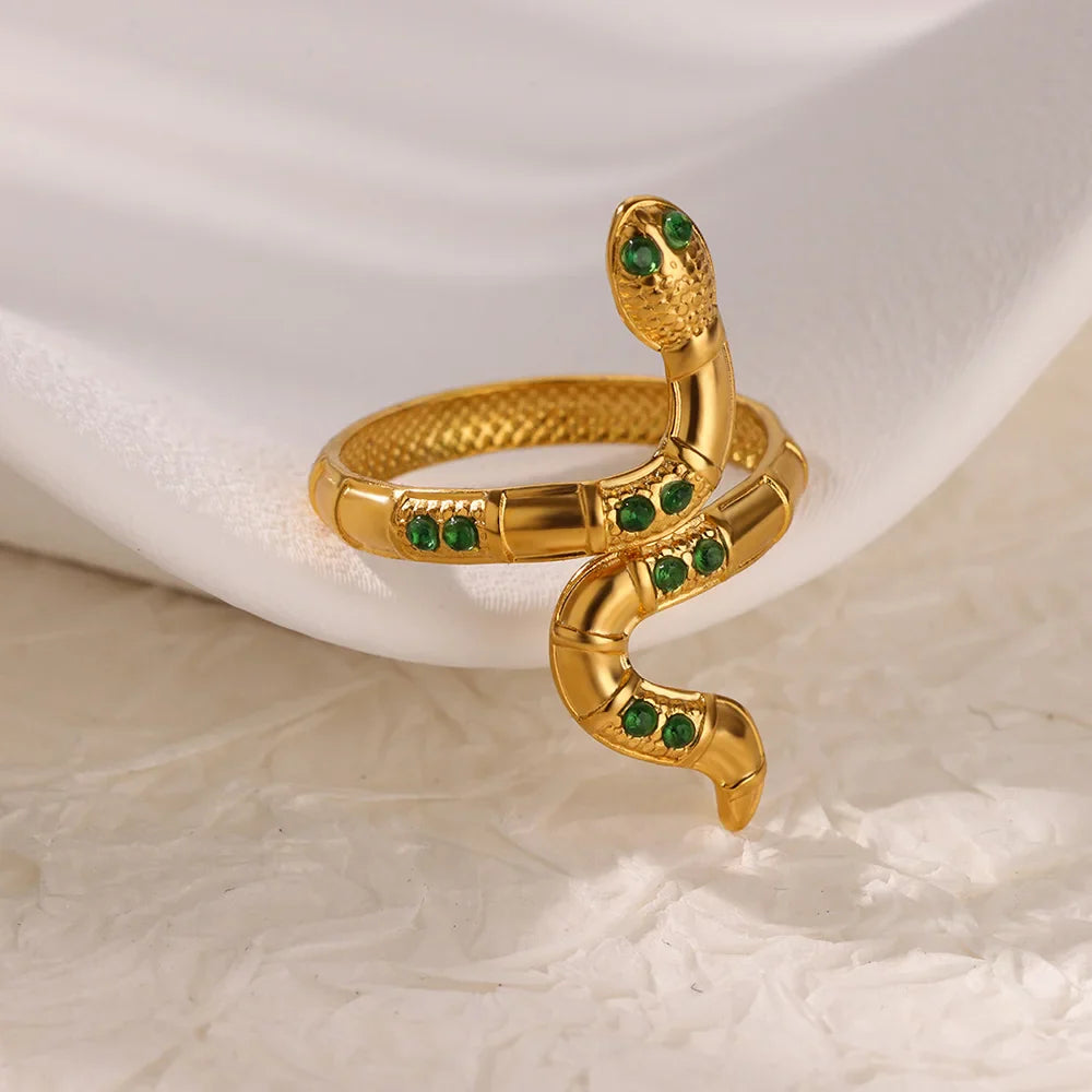 Zircon Snake Rings For Women Men Stainless Steel Gold Color Open Adjustable Ring Vintage Gothic Aesthetic Jewelry anillos mujer