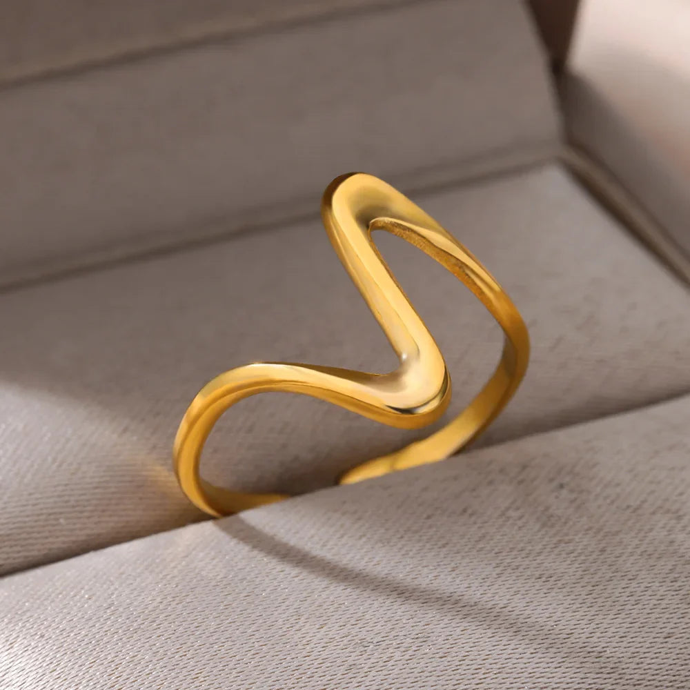 Vintage Geometric Wave Rings For Women Stainless Steel Gold Color Adjustable Ring Aesthetic Wedding Jewelry Gift Free Shipping