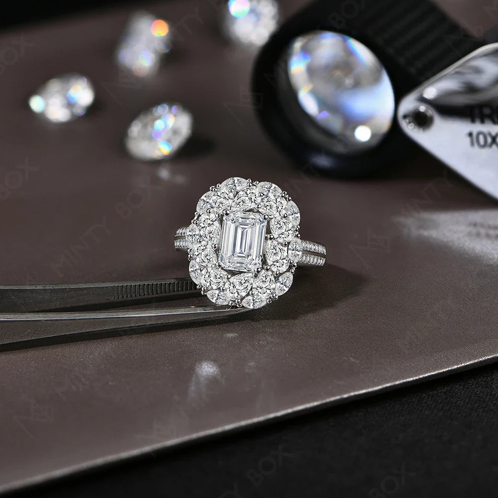 MINTYBOX 2.0ct Flower Design Halo Emerald Cut Engagement Ring Lab Diamond S925 Silver Moissanite Rings For Women 18K Gold Plated