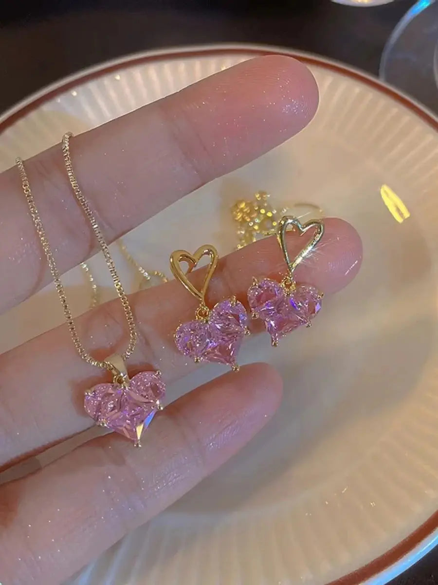 3pcs Trendy Y2k Heart-shaped Zircon Pink Crystal Pendant Earrings Necklaces Set for Women Heart Elegant Exquisite Party Jewelr