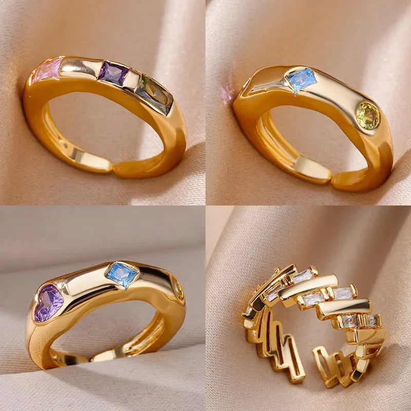 Zircon Square Finger Rings for Women Gold Color Irregular Stainless Steel Ring Engaement Wedding Aesthetic Jewelry Girls Gift