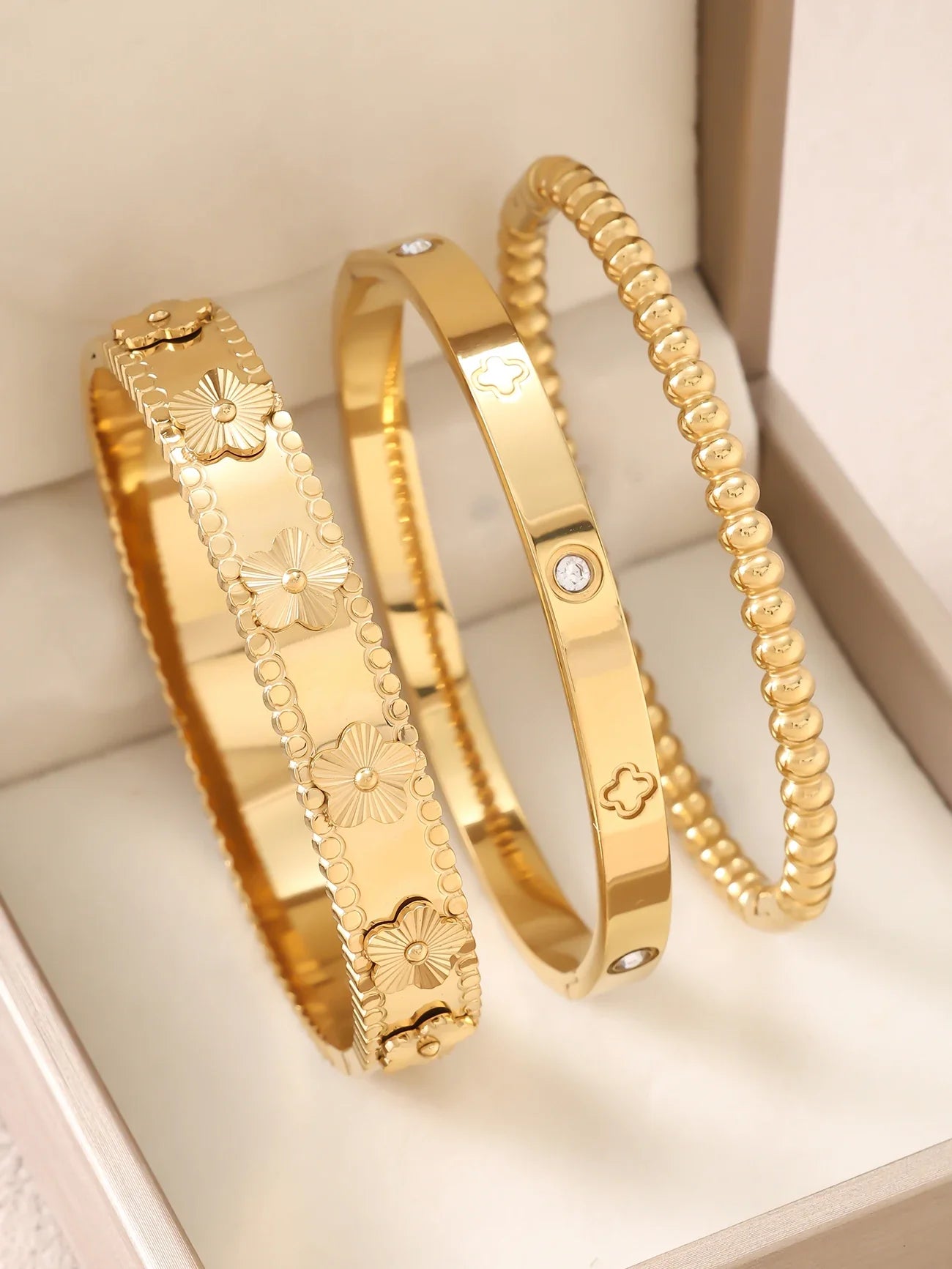 1pc 18K Gold Plated Stainless Steel Stackable Bracelet With Chain And Clover Design, Fashion Style For Women, Suitable For Casua