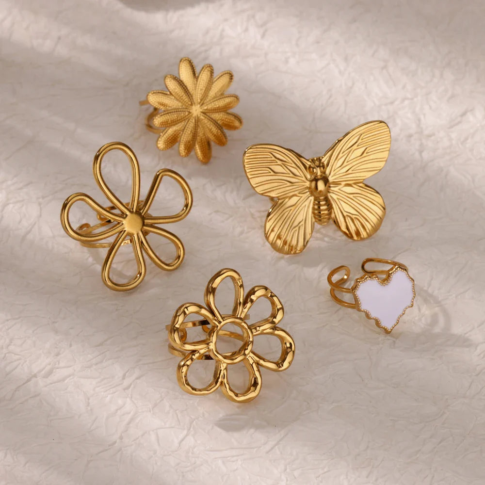 Stainless Steel Flower Big Open Rings For Women Gold Color Imitation Pearl Hollow Out Ring Trendy Aesthetic Jewerly Gifts
