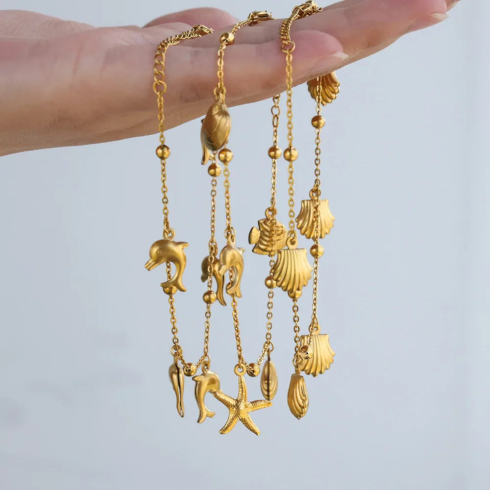 Summer Beach Stainless Steel Gold Color Chain Anklet For Women Starfish Shell Dolphin Fish Charm Ankle Bracelet Jewelry Gift