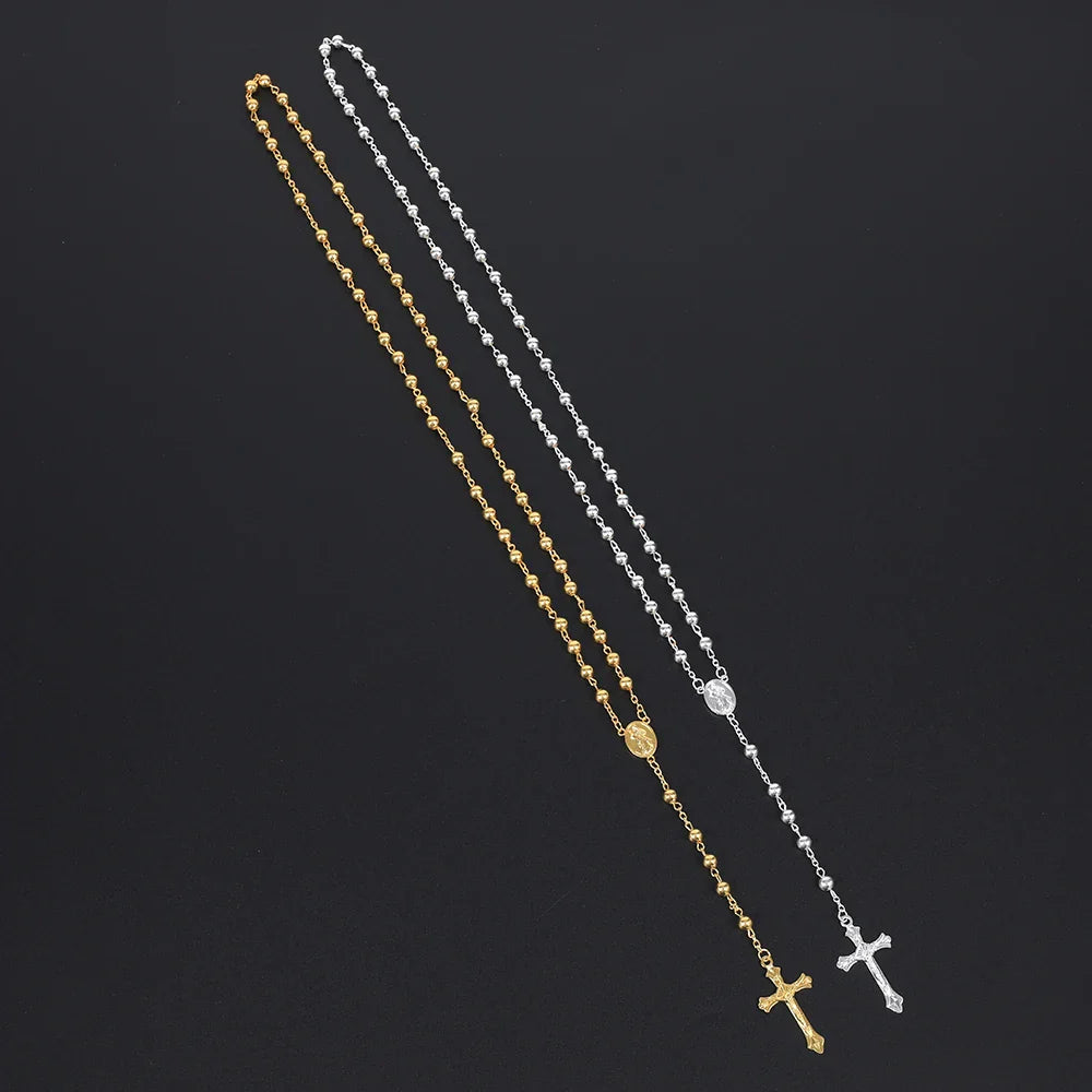 Gold Color Rosary Necklace For Women Men Long 6MM Beads Chain Crucifix Cross Pendant Religious Prayer Party Jewelry Gift