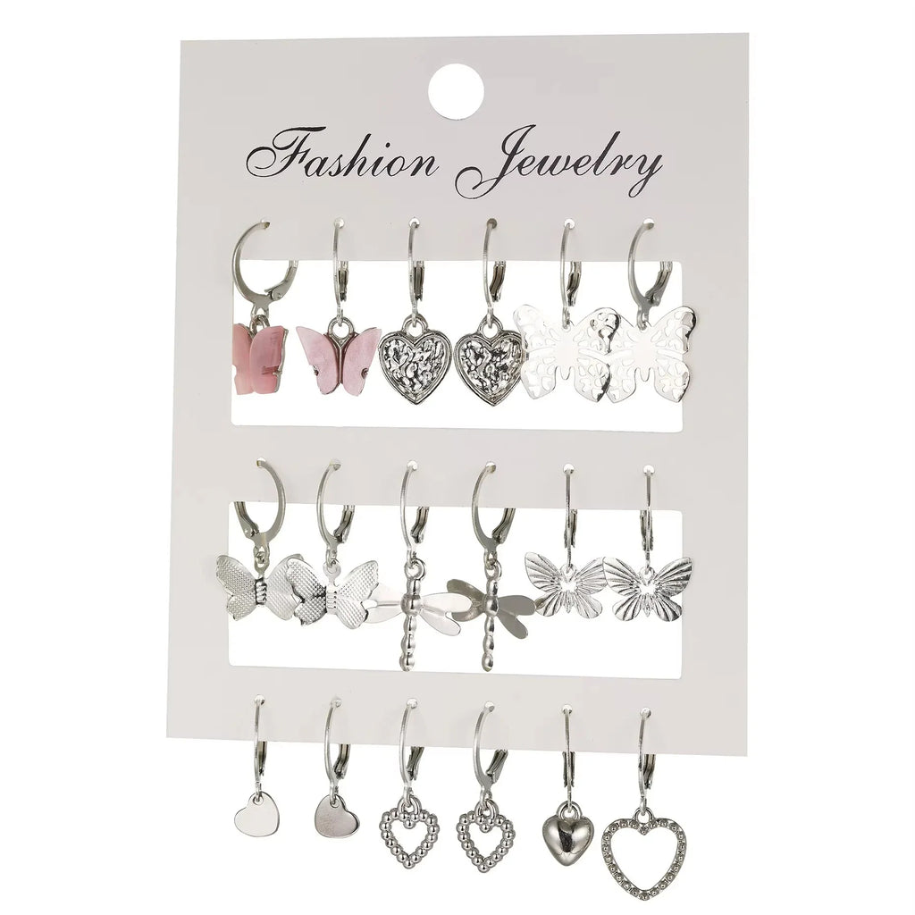 9 Pairs/ Set Exquisite Butterfly Heart Dragonfly Design Dangle Earrings Simple Vacation Style Delicate Holiday Earrings