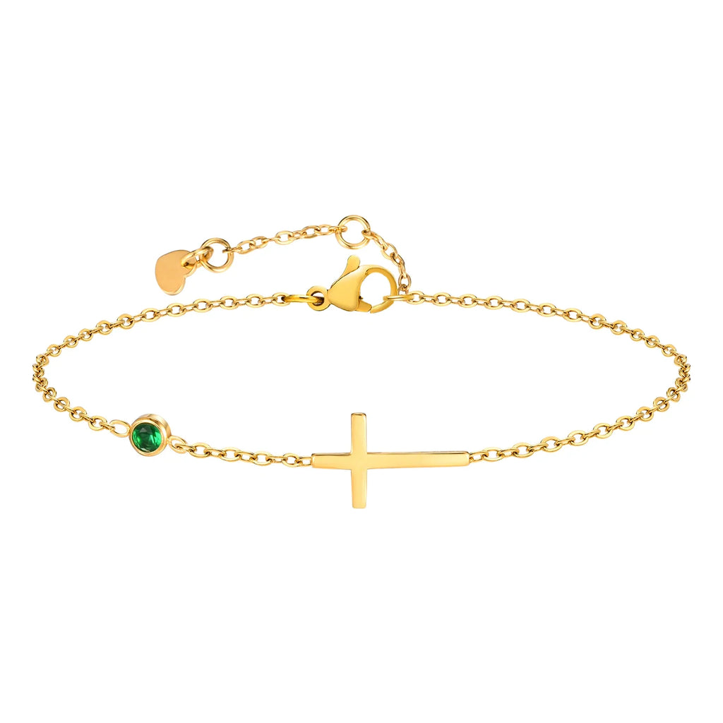 Birthstone Zirconia Thin Chain Link Cross Bracelet Stainless Steel Women's Adjustable Link Stacked Layered Chain Bracelets
