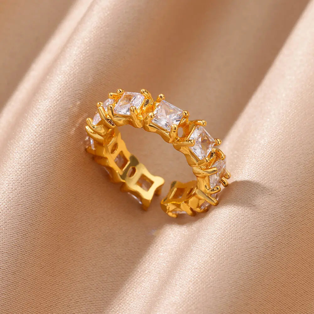 Green Cubic Zircon Heart Rings For Women Vintage Gold Color Stainless Steel Open Ring Fashion Aesthetic Jewelry Wedding Gift
