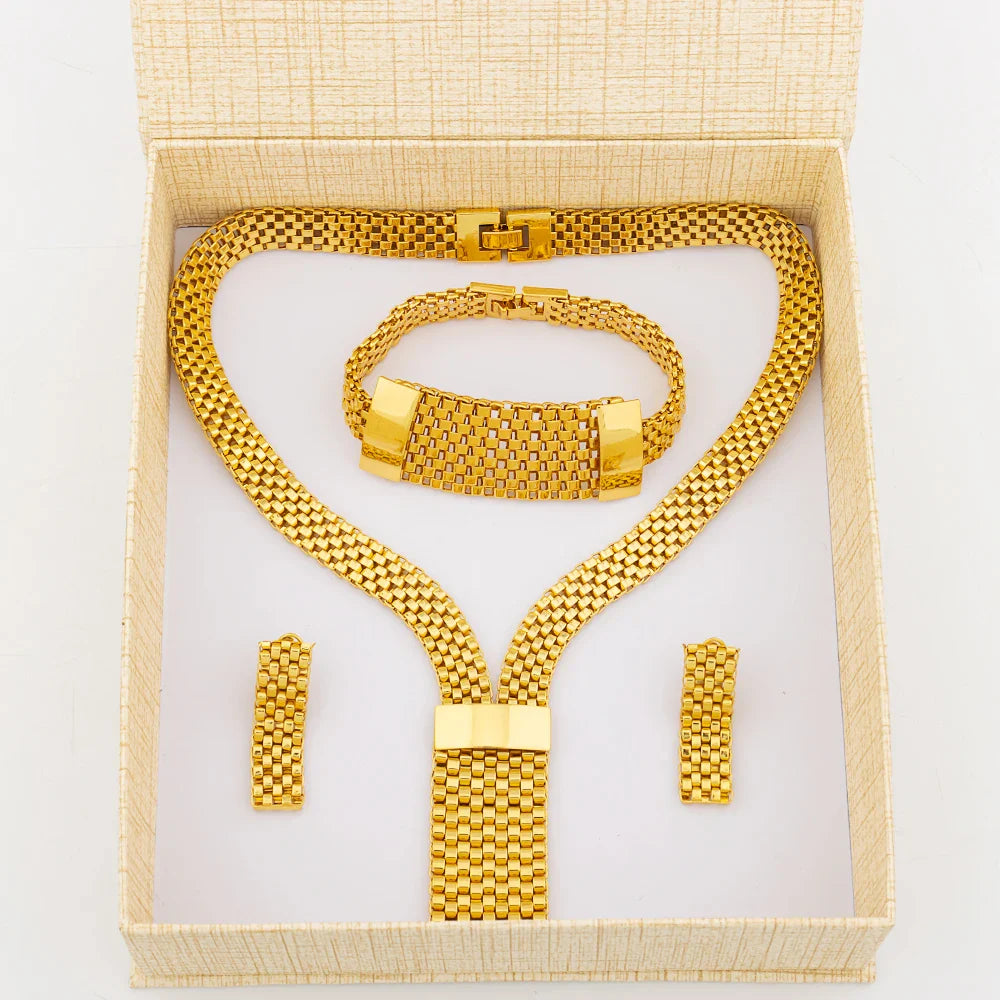 Dubai Hollow Earrings Necklace Jewelry Set Women Fashion Luxury Punk Jewellery Choker Bracelet Wholesale Accessories Party Gift