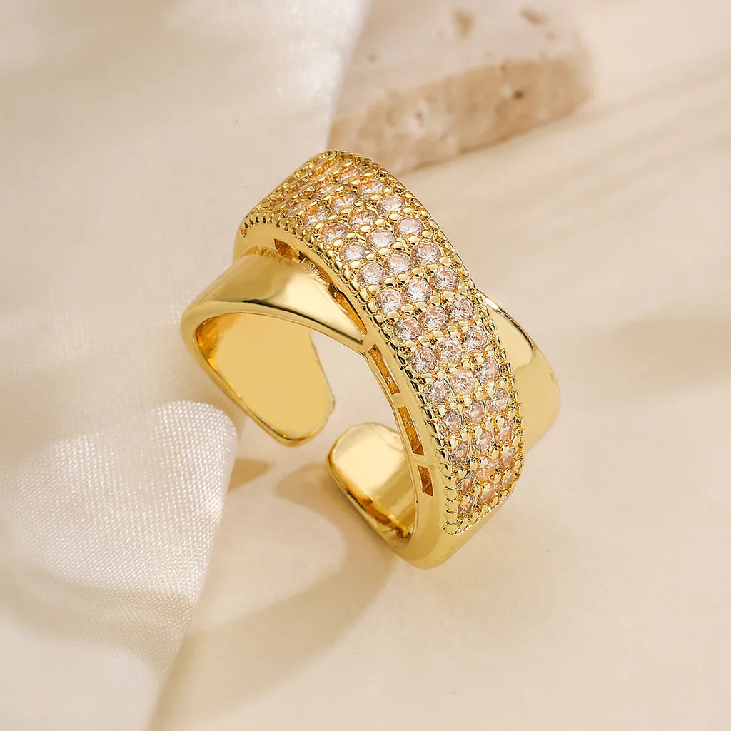NEWBUY Luxury AAA Cubic Zirconia Inlay Copper Wedding Jewelry Gold Color Statement Geometric Shape Open Design Rings For Women