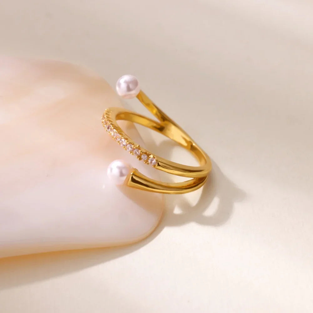 Layered Zircon Imitation Pearl Ring For Women Stainless Steel Gold Color Ring 2025 New Trend Fashion Wedding Couple Jewelry Gift