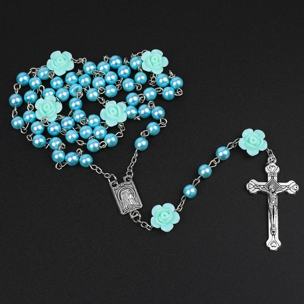 Catholic Rosary Beads Rosary Necklace Christian Praying 6MM Pearl Beads Long Y Chain Cross Pendant For Women Religiou Jewelry