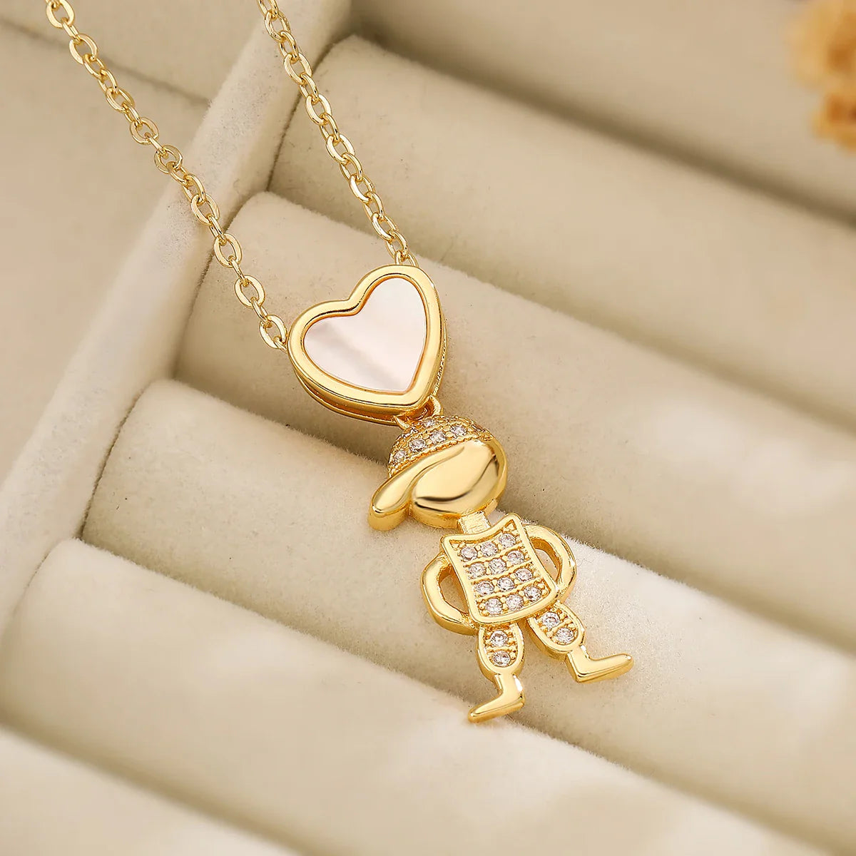 NEWBUY Delicae Gold Color Heart Boy & Girl Pendant Necklaces For Women Shiny CZ Inlay Jewelry Mother's Day Gift