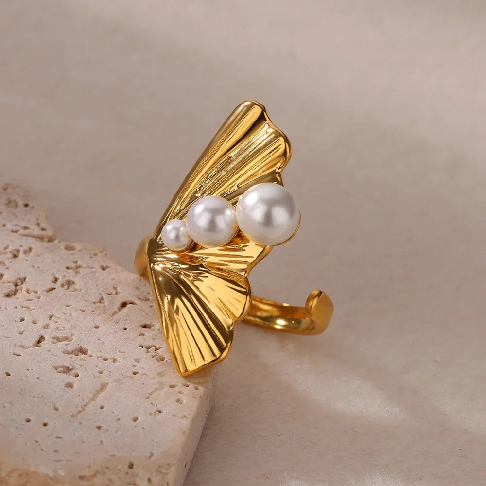 Stainless Steel Flower Rings for Women Gold Color Shell Starfish Multi Layer Hollow Out Ring Fashion Charm Jewelry Wedding Gifts