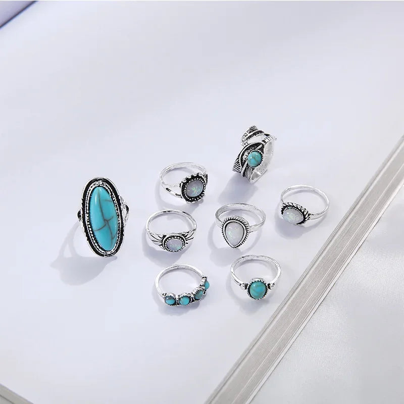 8Pcs/Set Rings Set Fashion Casual New Retro Set With Turquoise Carved Feather Ring Set High-grade Jewelry