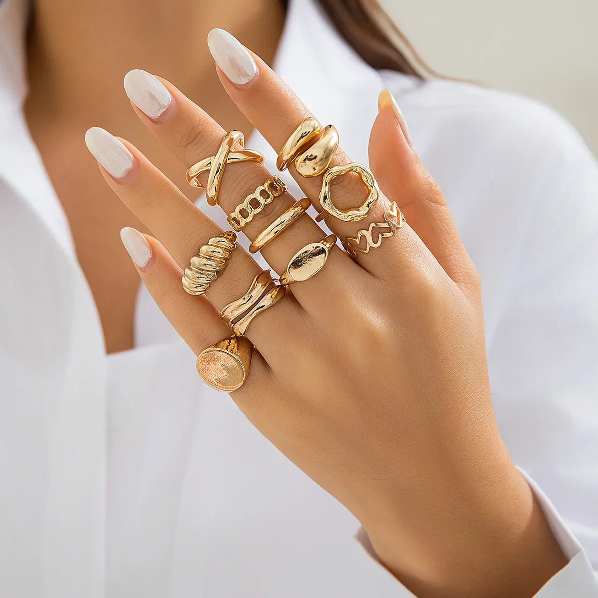 New 10Pcs/Set Irregular Smooth Rings Set for Women Geometric Exaggerated Gold Color Finger Rings Vintage Fashion Party Jewelry