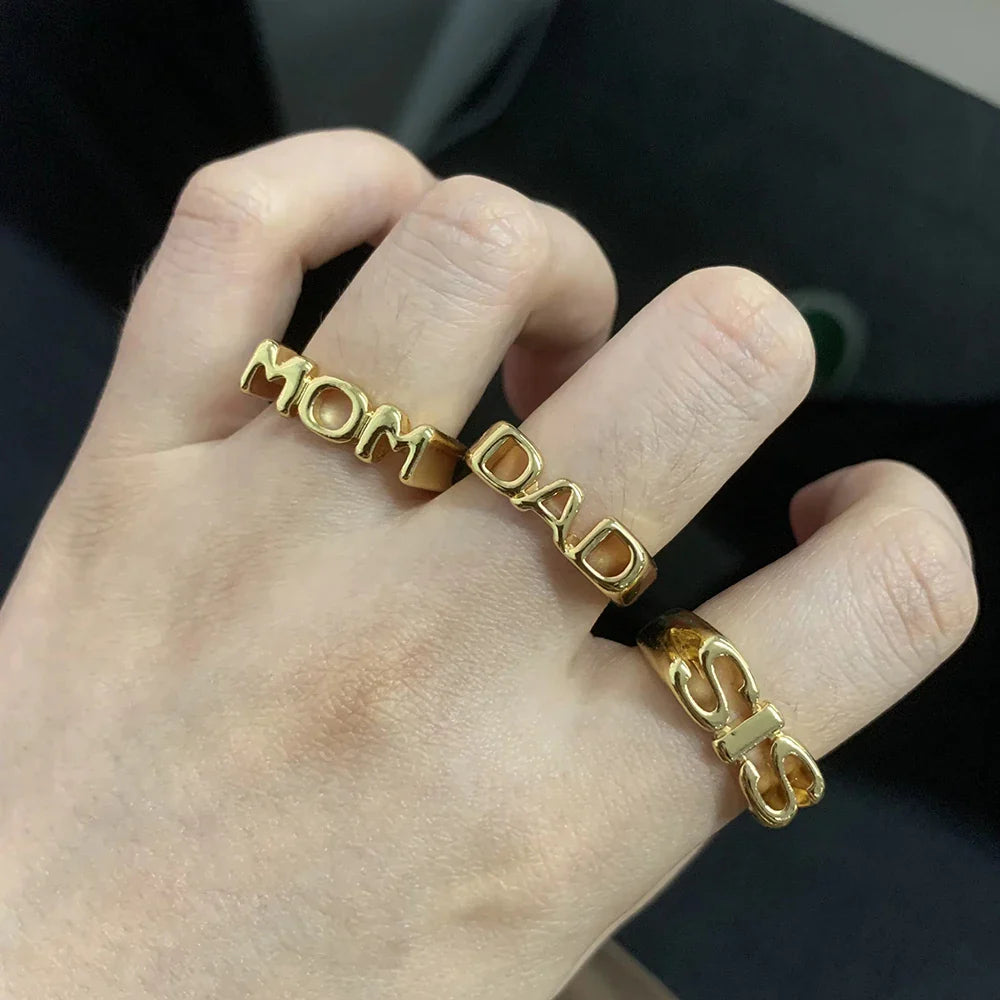 MOM SIS DAD Letters Rings for Women Men Vintage Gold Color Finger Ring Fashion Jewelry Family Christmas Gifts