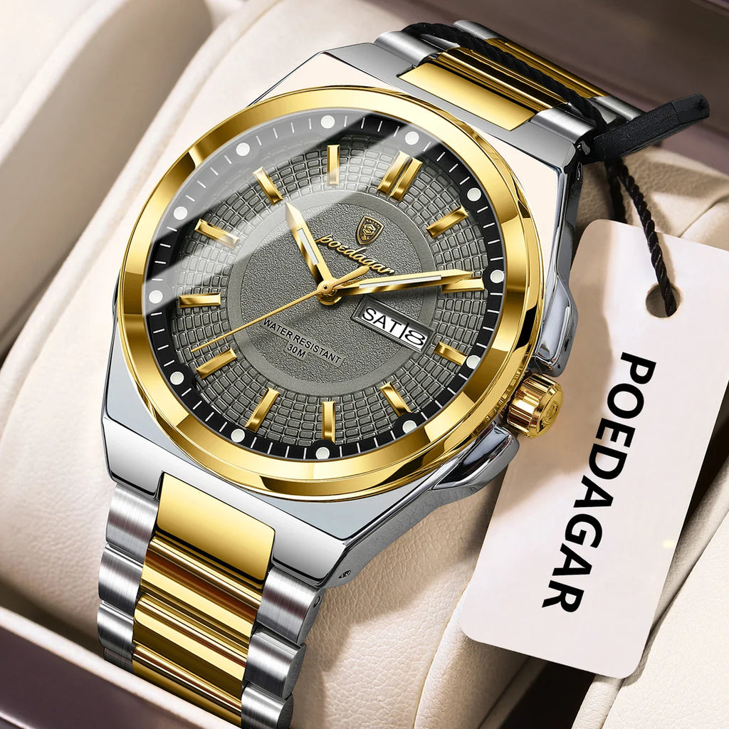 POEDAGAR Top Original Men's Watches Stainless Steel Waterproof Luminous Man Watch Date Week Classic Trendy Quartz Men Wristwatch