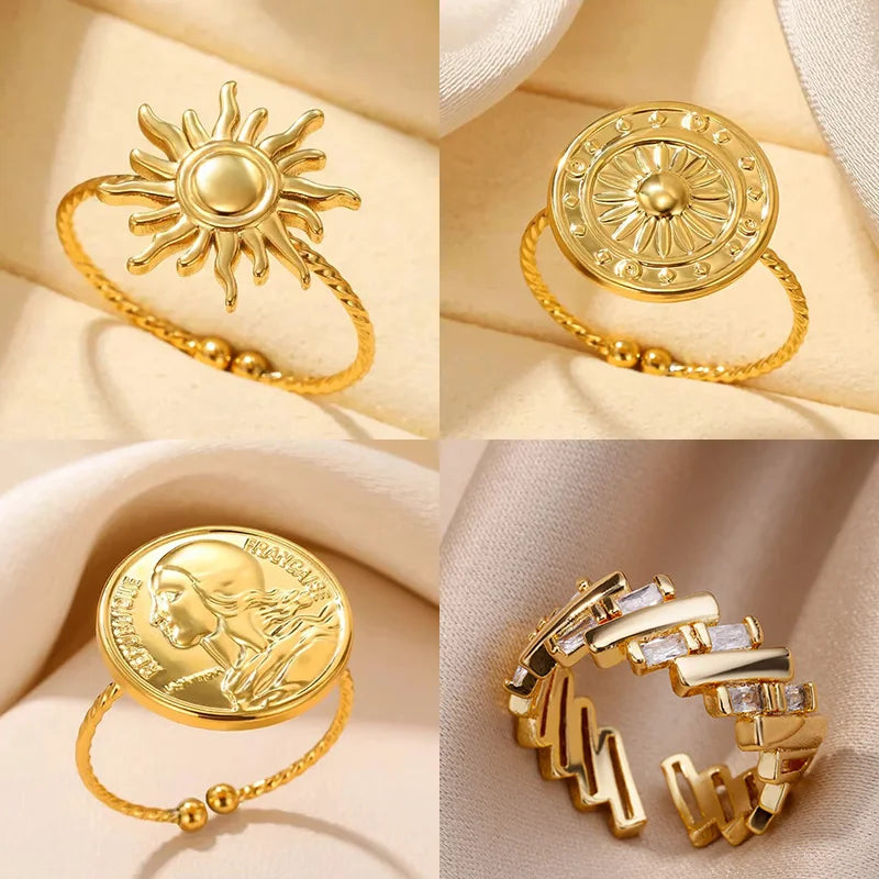 Stainless Steel Sun Rings For Women Gold Color Sun Butterfly Finger Adjustable Ring Aesthetic Fashion Wedding Jewelry Gift