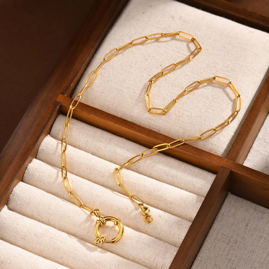 Paperclip Chain Choker Necklace, Women's Stainless Steel Spring Buckle Penddant Necklace, Waterproof 18k Gold Plated Jewelry