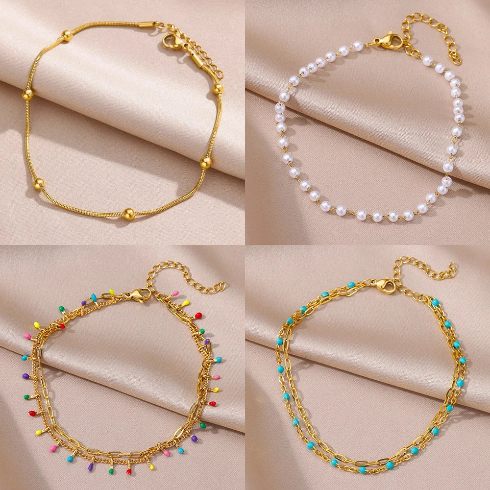 Stainless Steel Imitation Pearl Anklets for Women Gold Color Chain Ankle Bracelet Anklet Summer Beach Jewelry Accessories Gift