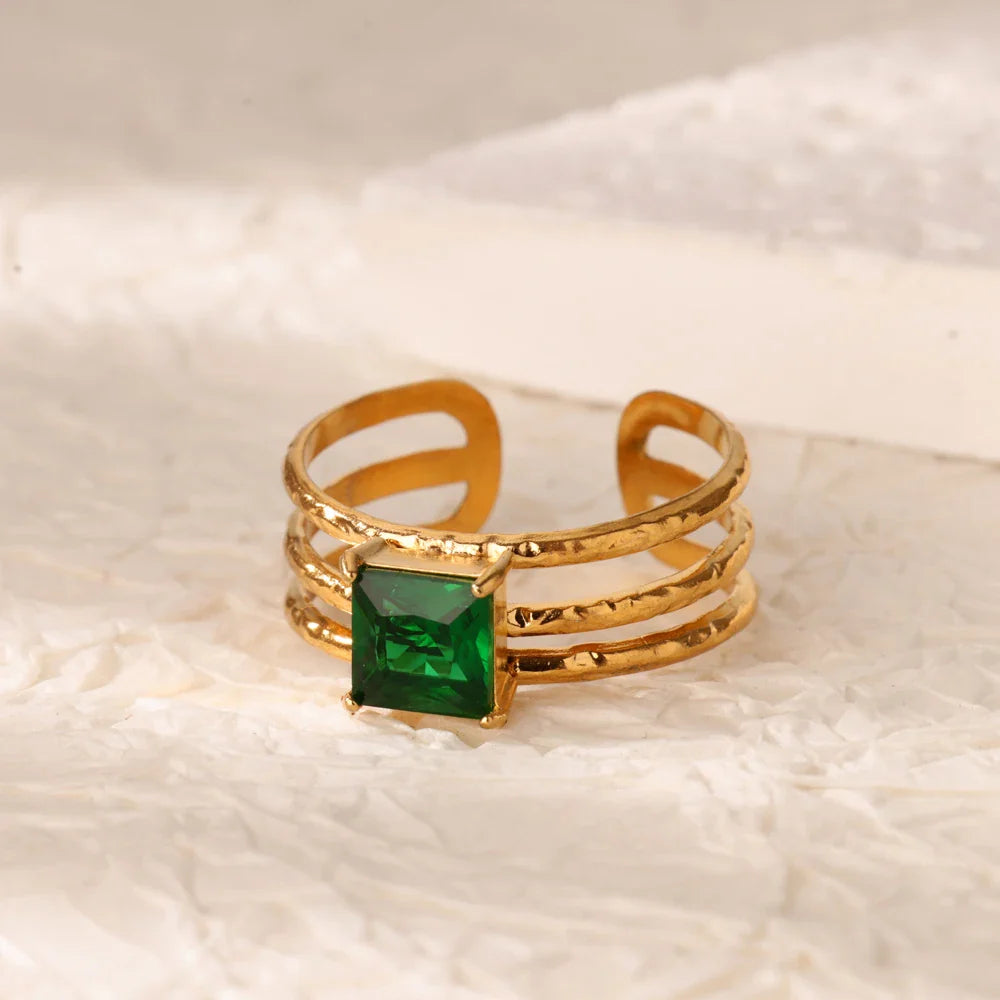 Green Cubic Zircon Heart Rings For Women Vintage Gold Color Stainless Steel Open Ring Fashion Aesthetic Jewelry Wedding Gift