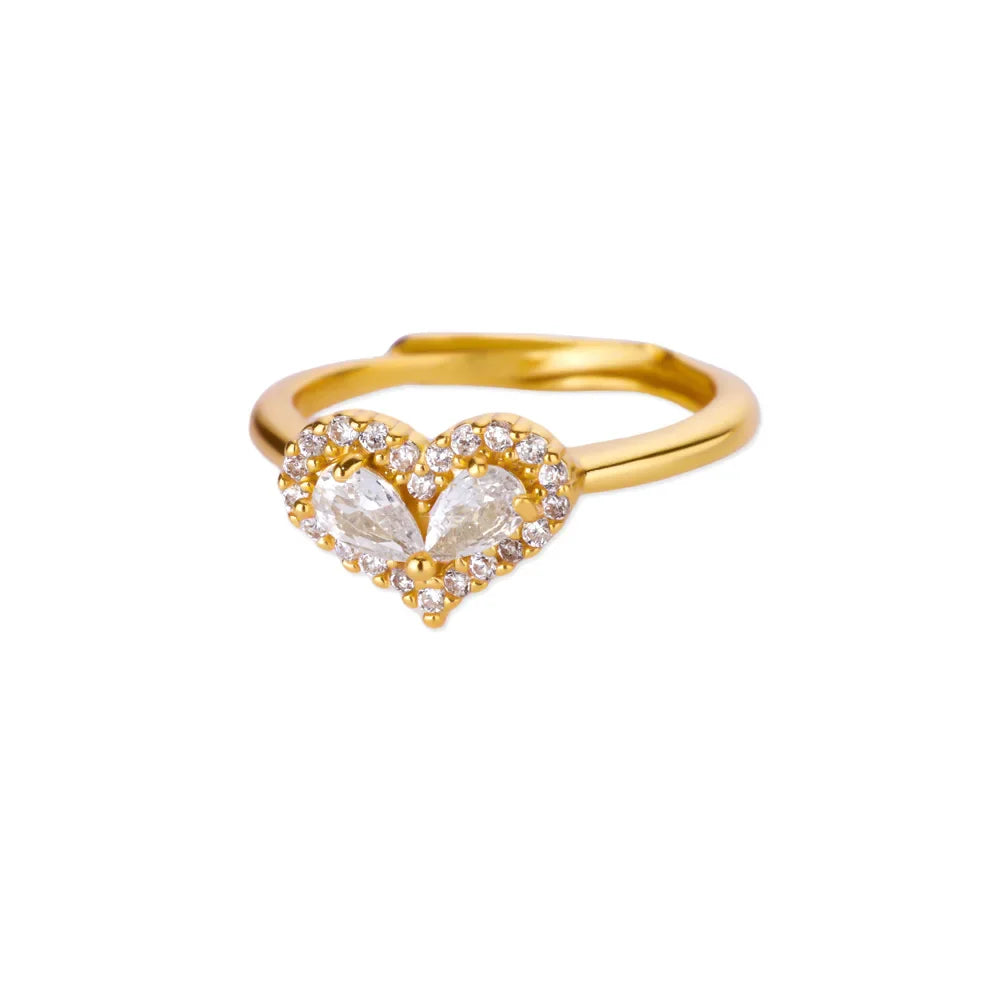 Zircon Colored Heart Ring For Women Gold Color Stainless Steel Heart Adjustable Ring Wedding Anniversary Waterproof Jewelry Gift