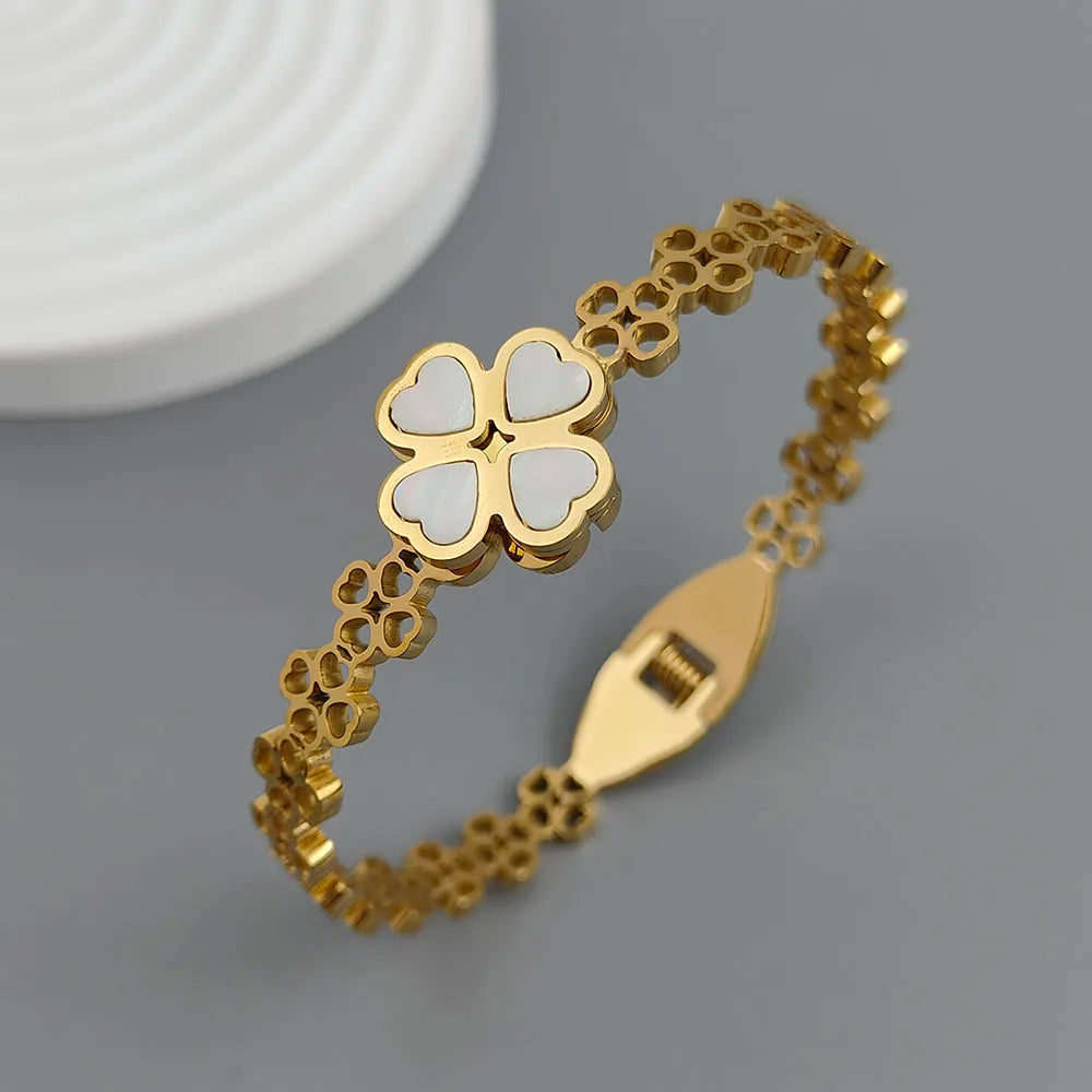 New four-leaf clover white shell stainless steel gold-plated bracelet 18K, high quality waterproof couple bracelet, wife gift