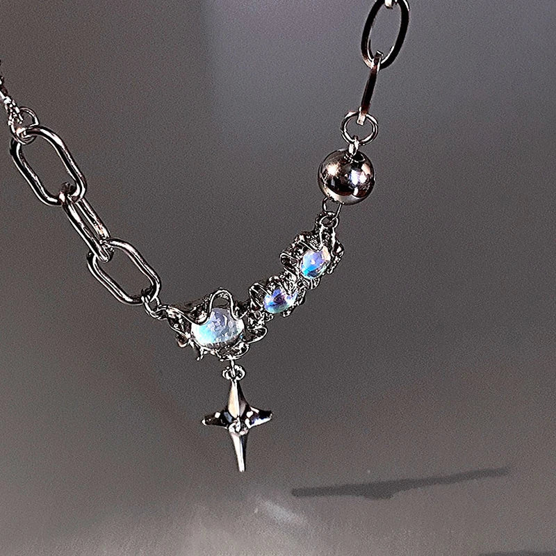 JWER Trendy Bling Moonstone Star Cross Pendant Necklace for Women Punk Hip Hop Star Chain CrystalNecklace Party Y2K Jewelry Gift
