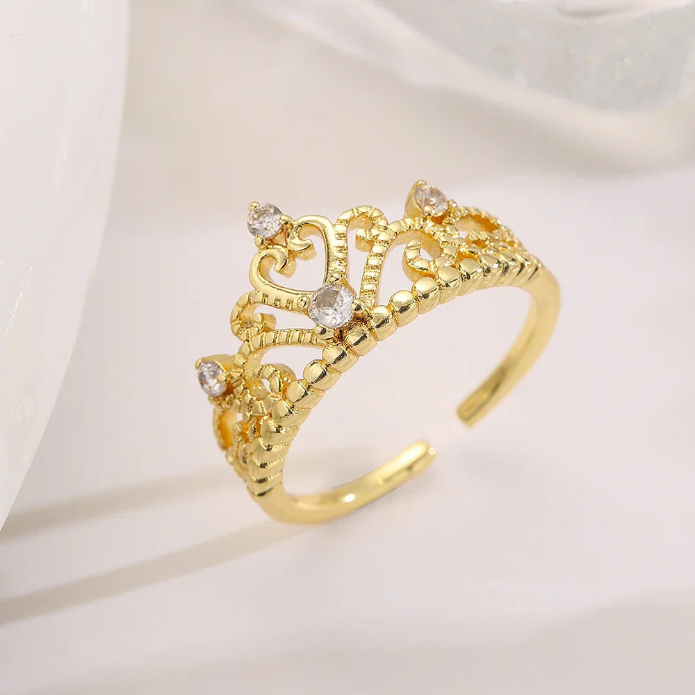NEWBUY 2025 Trendy Gold Color Crown Charm Finger Rings Open Design Adjustable Shiny CZ Zircon Wedding Jewelry Female