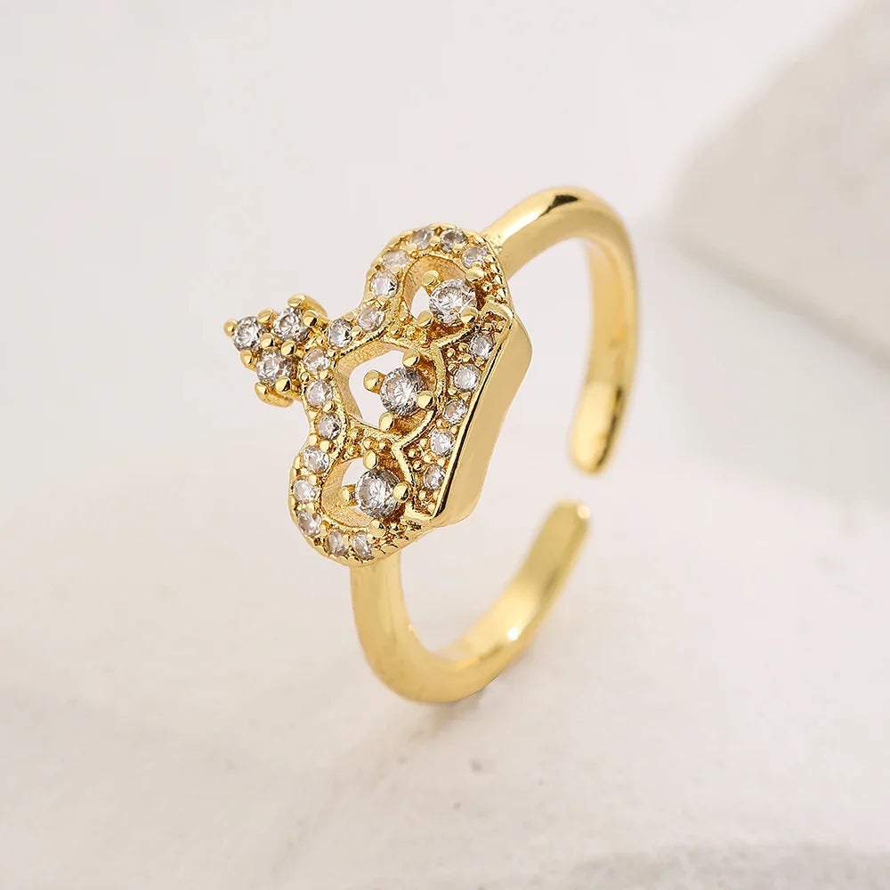 NEWBUY 2025 Trendy Gold Color Crown Charm Finger Rings Open Design Adjustable Shiny CZ Zircon Wedding Jewelry Female