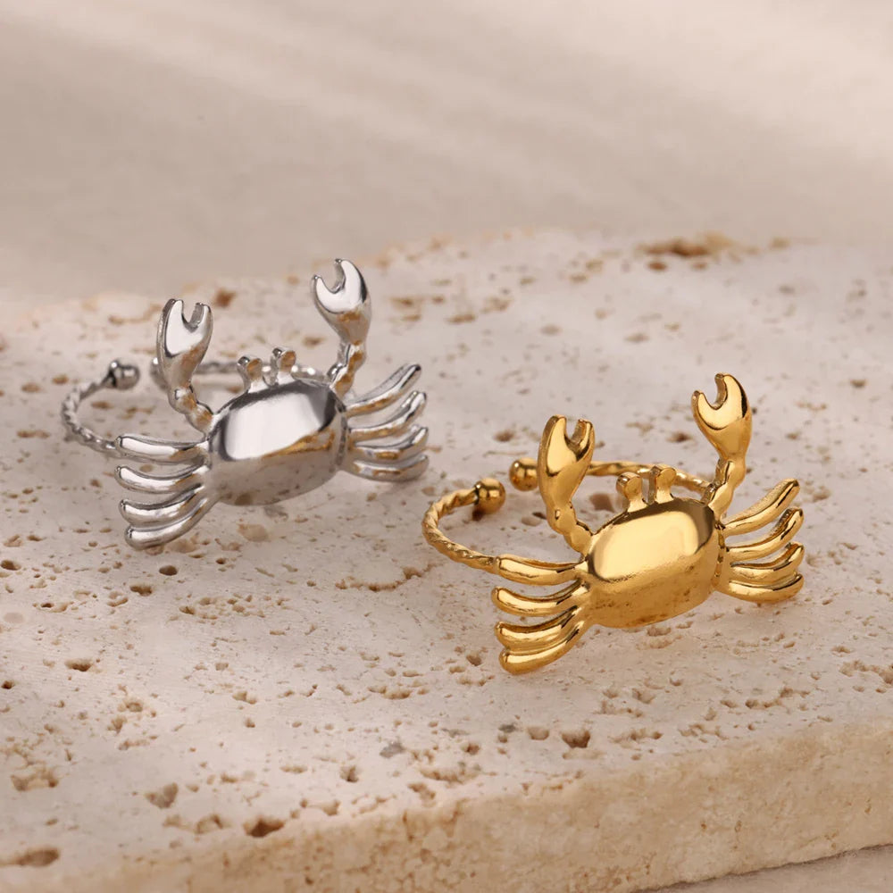 Stainless Steel Crab Rings for Women Gold Color Cute Animal Open Adjustable Ring Aesthetic Fashion Waterproof Jewelry Gift
