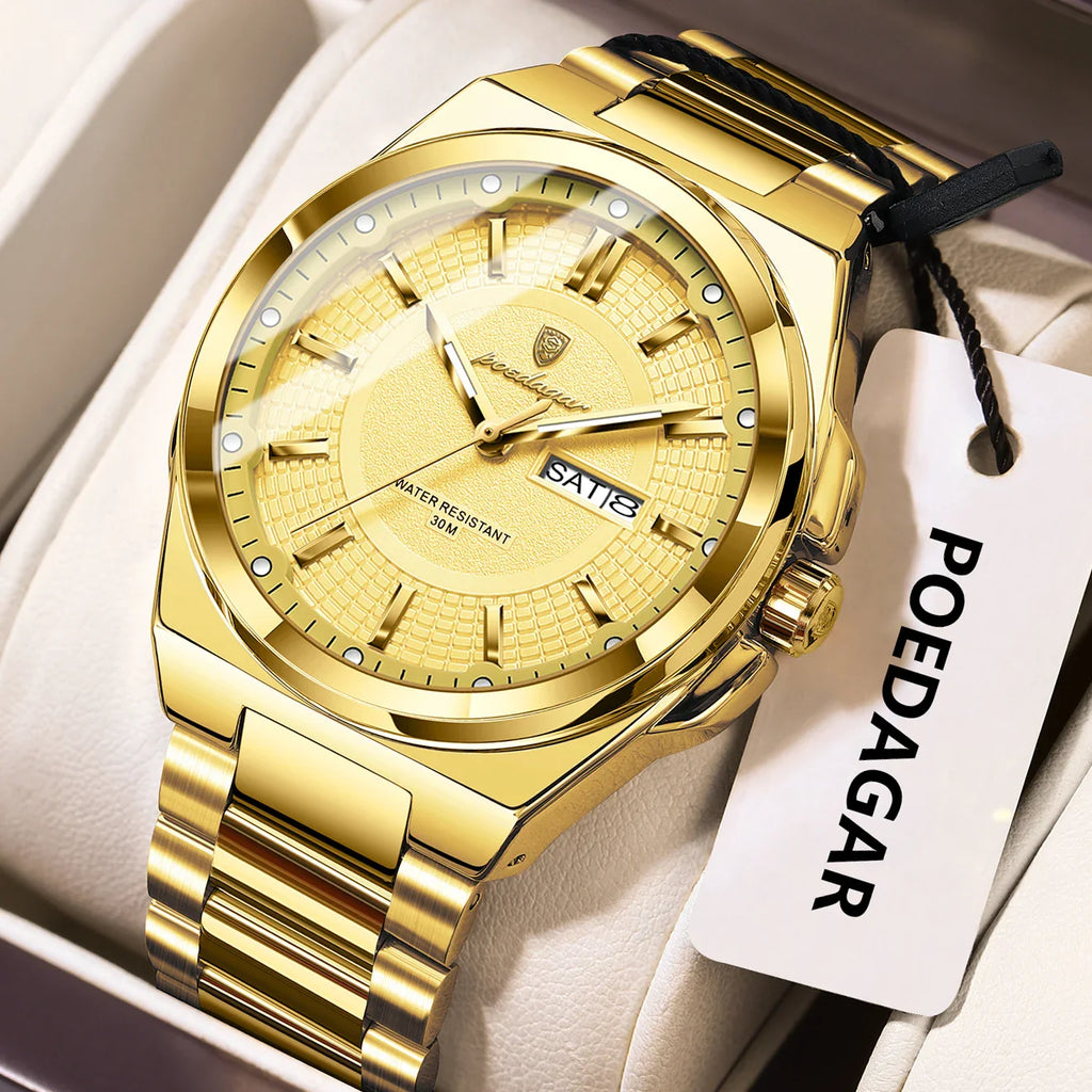POEDAGAR Top Original Men's Watches Stainless Steel Waterproof Luminous Man Watch Date Week Classic Trendy Quartz Men Wristwatch