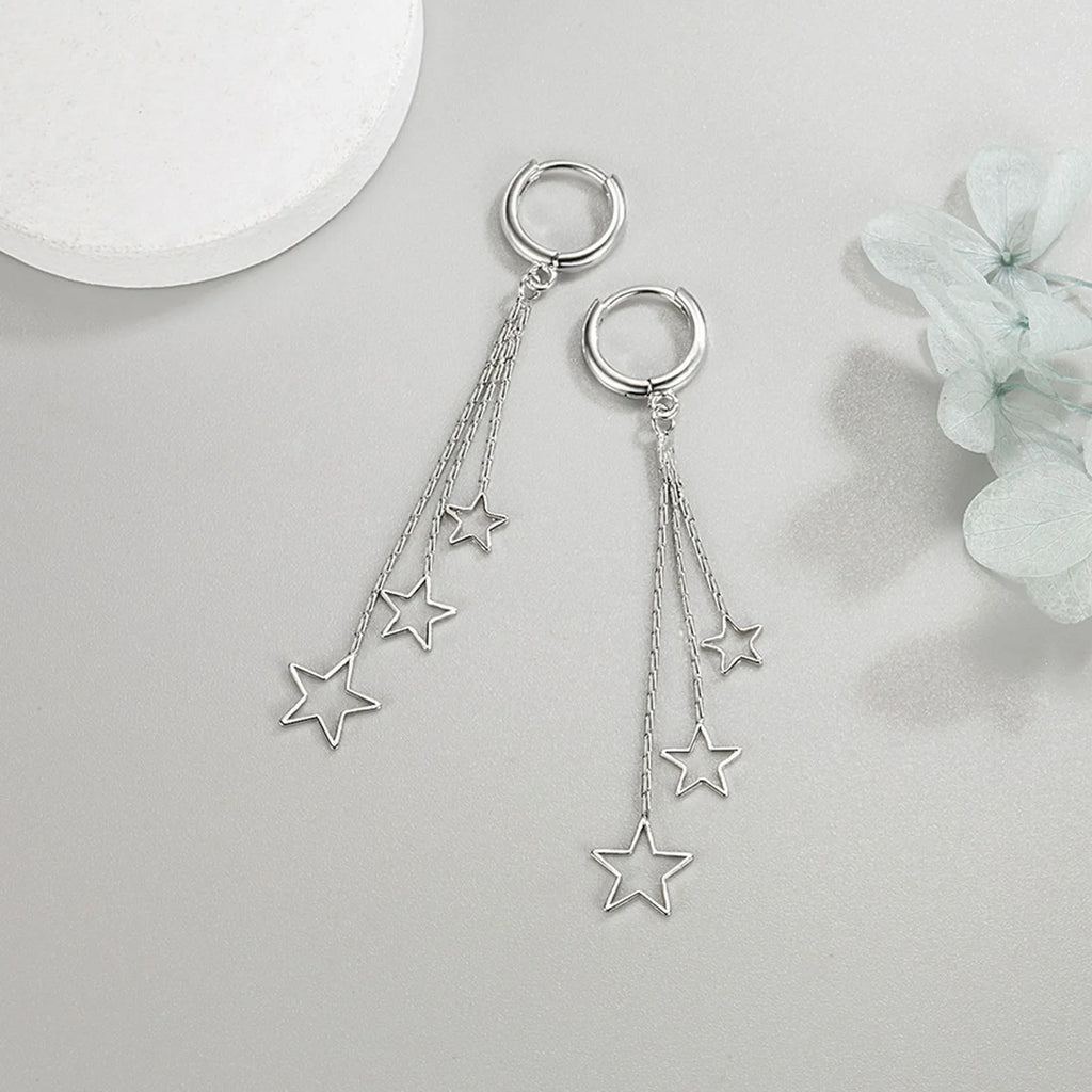 Elegant Popular Three Stars Hoop Earrings For Women 925 Sterling Silver Party Jewelry Beautiful Long Tassel EarringElegant