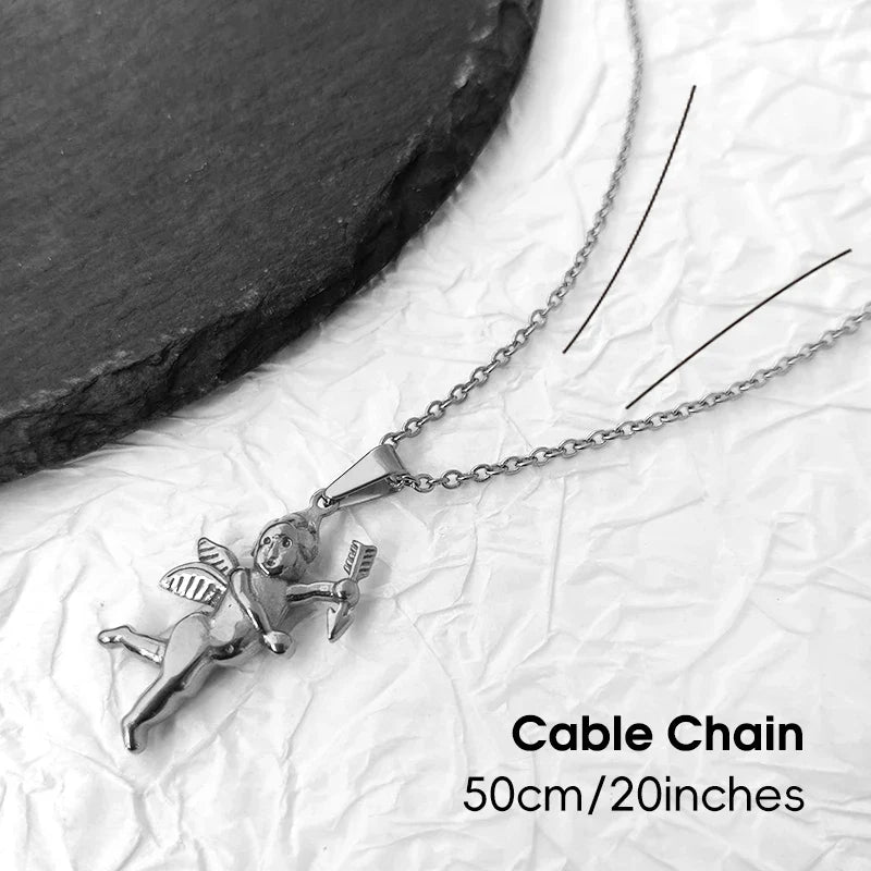 Vintage Stainless Steel Cupid Charm Pendant Necklace Waterproof 18K Gold Plated Necklace Unisex Jewelry Gift