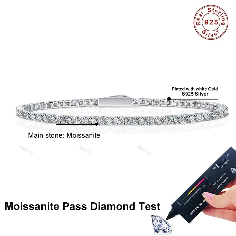 NeeTim 2mm 2.5mm 3mm 4mm Moissanite Tennis Bracelet 925 Sterling Silver with White Gold Plated Bracelets for Women Man Wholesale
