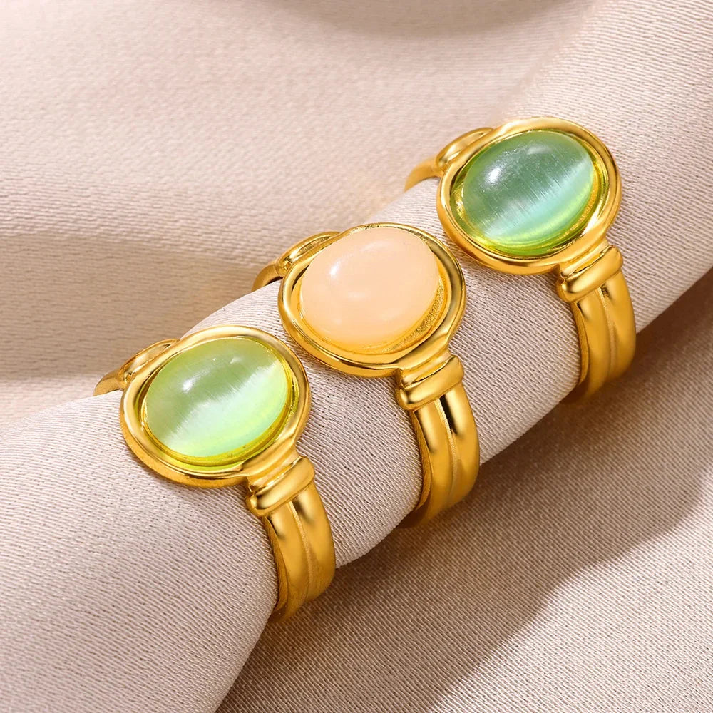 Vintage Oval Opal Rings For Women Gold Color Stainless Steel Adjustable Natural Stone Adjustable Ring Aesthetic Weeding Jewelry