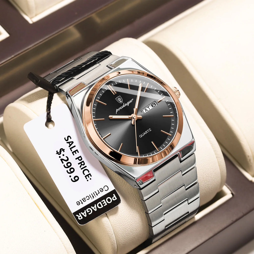 POEDAGAR Luxury Business Man Wristwatch Waterproof Luminous Stainless Steel Men Watch Date Week Fashion Quartz Men's Watches+Box