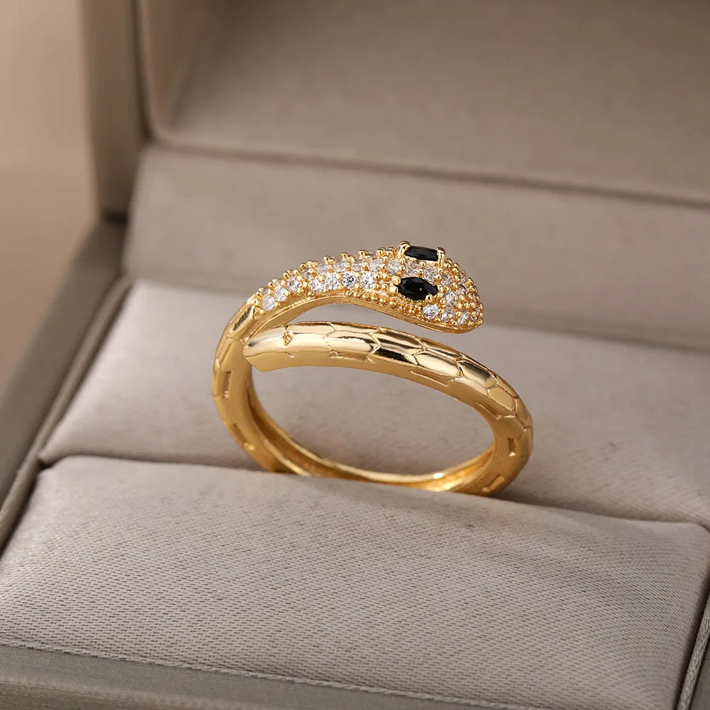 Stainless Steel Snake Rings For Women Men Gold Color Open Adjustable Zircon Ring Vintage Gothic Aesthetic Jewelry anillos mujer