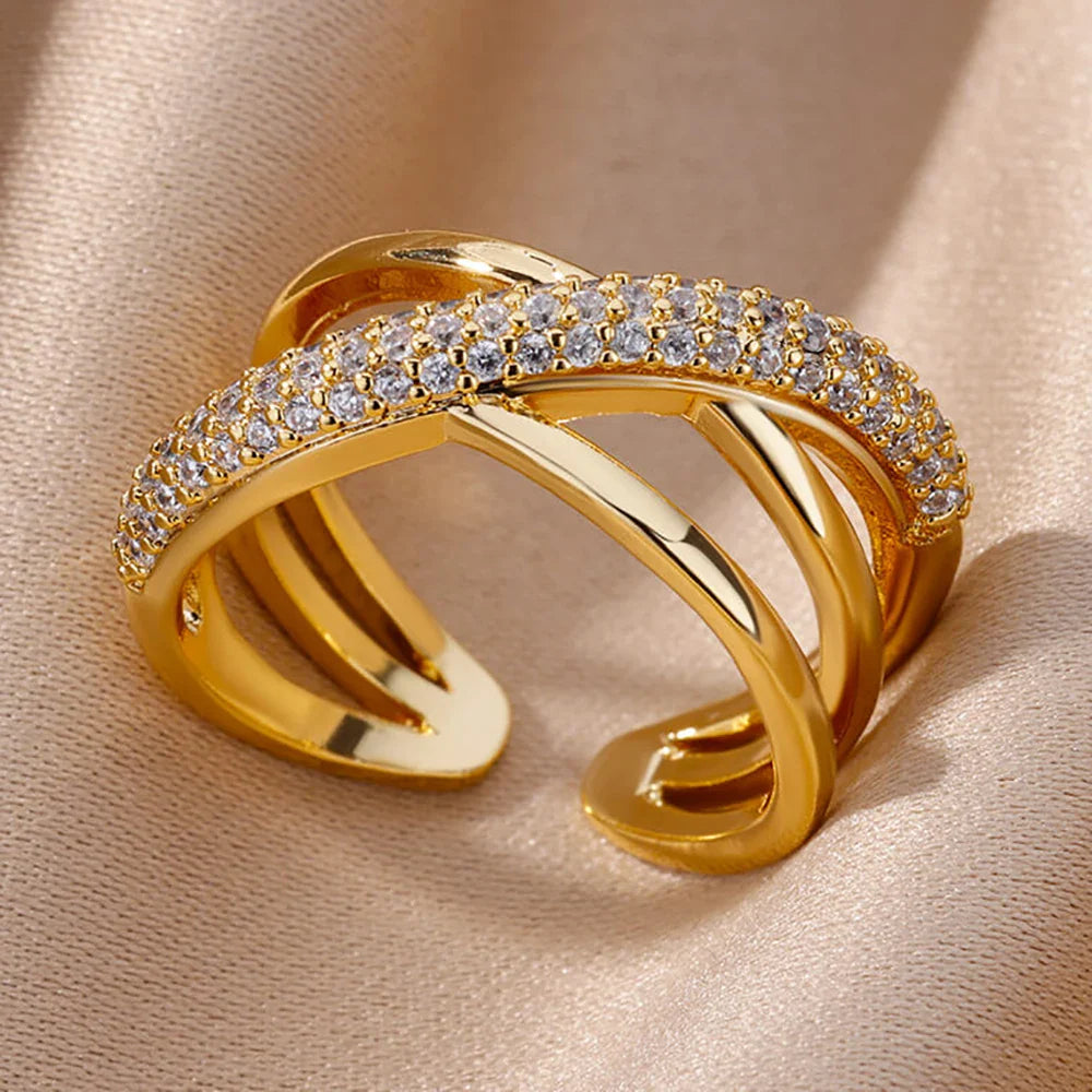 Zircon Chain Cross Rings For Women Vintage Gold Color Stainless Steel Geometric Open Ring Fashion Wedding Aesthetic Jewelry Gift