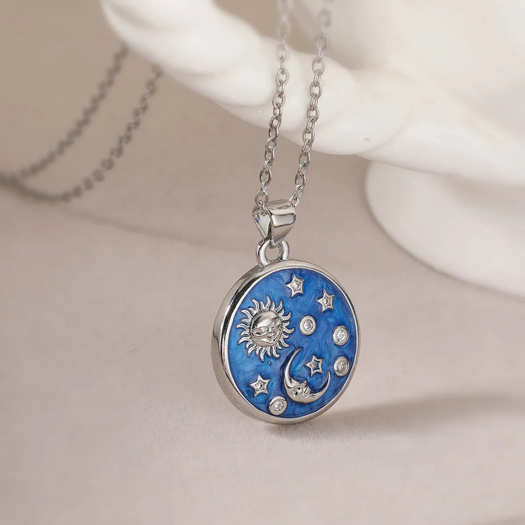 NEWBUY Delicate Blue Oil Dripping Star Moon Sun Round Pendant Necklaces For Elegant Women Bitrhday Gift