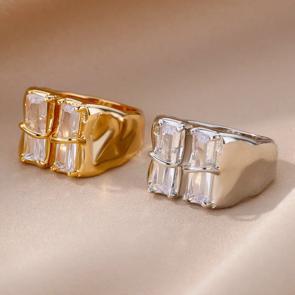 Irregular Square Zircon Ring For Women Stainless Steel Gold Plated Opening Ring Wedding Party Fashion Jewerly Gift Free Shipping