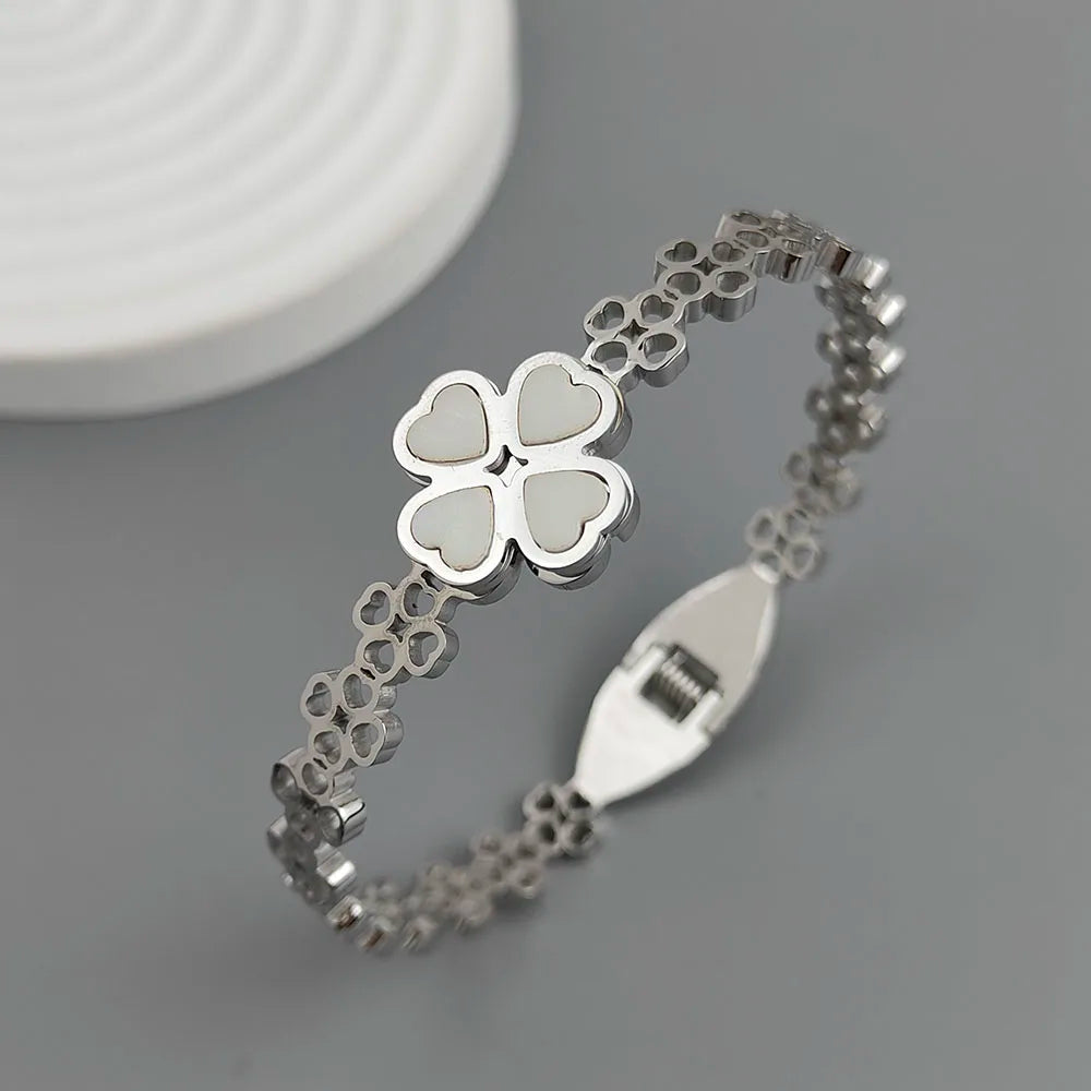 New four-leaf clover white shell stainless steel gold-plated bracelet 18K, high quality waterproof couple bracelet, wife gift