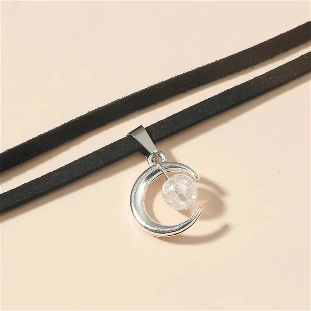 Fashion Silver Color Moon Pendant Necklace Gothic Acrylic Beads Flannel Collar Vintage Clavicle Chain Choker Kpop Jewelry