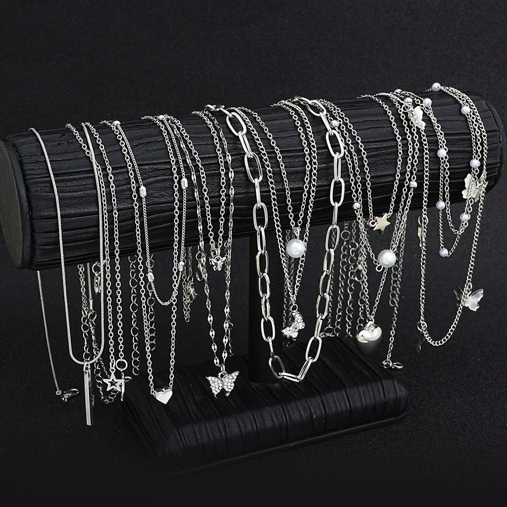 13Pcs/Set Simple Temperament Necklace Set Butterfly Pearl Heart Star Zircon Silver Color Necklace for Women Fashion Jewelry Gift
