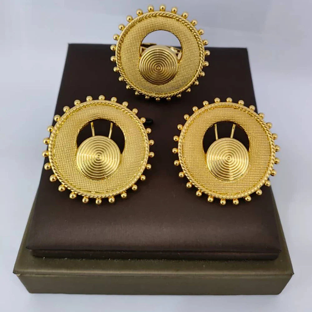 Trend Earrings and Ring Jewelry Set for Women 18k Gold Color Clip Earrings and Finger Ring Bride 2Pcs Set Nigerian Accessories