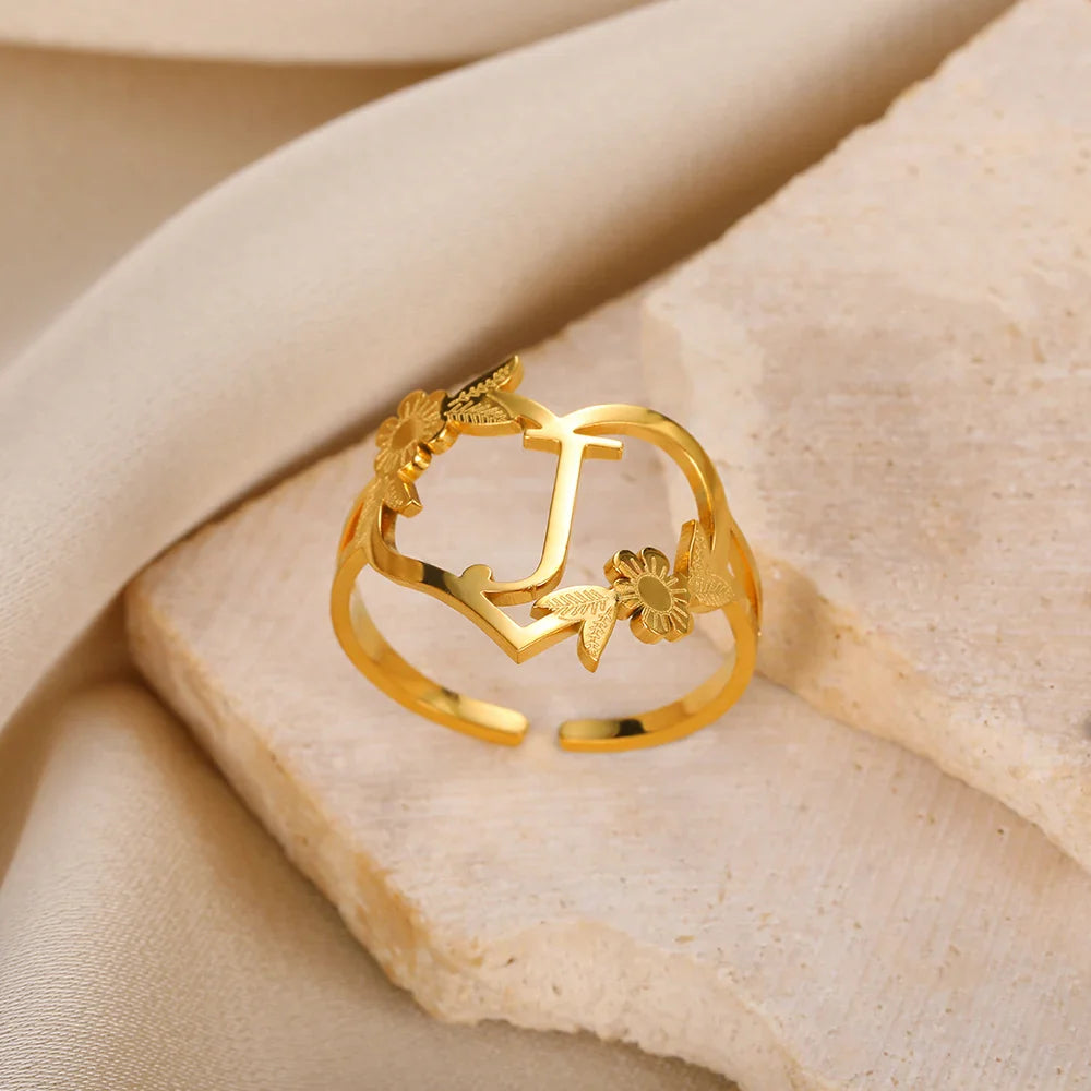 Stainless Steel Initials Letter Heart Rings for Women Girls Gold Color Flower Alphabet Ring Fashion Valentine's Day Jewelry Gift