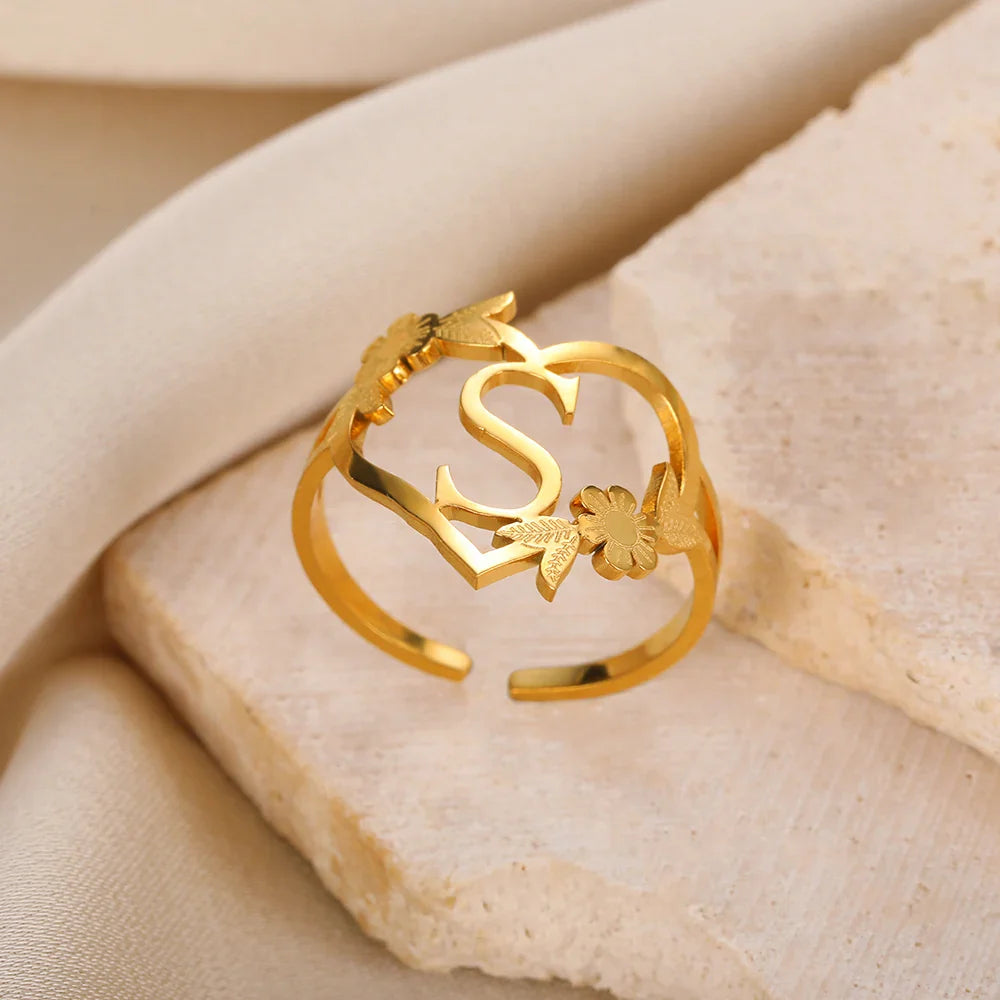 Stainless Steel Initials Letter Heart Rings for Women Girls Gold Color Flower Alphabet Ring Fashion Valentine's Day Jewelry Gift