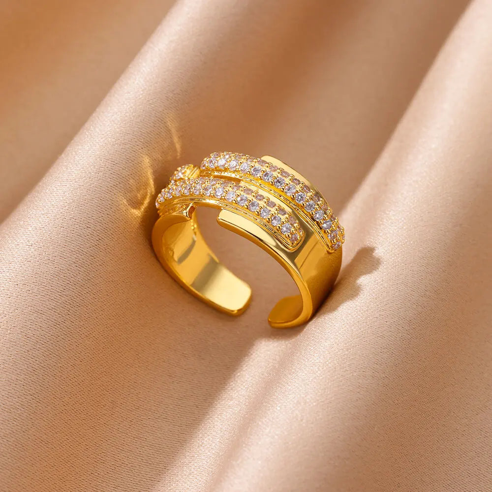Zircon Geometric Rings For Women Luxury Stainless Steel Gold Color Open Ring Trendy Wedding Party Aesthetic Jewerly Gift Femme