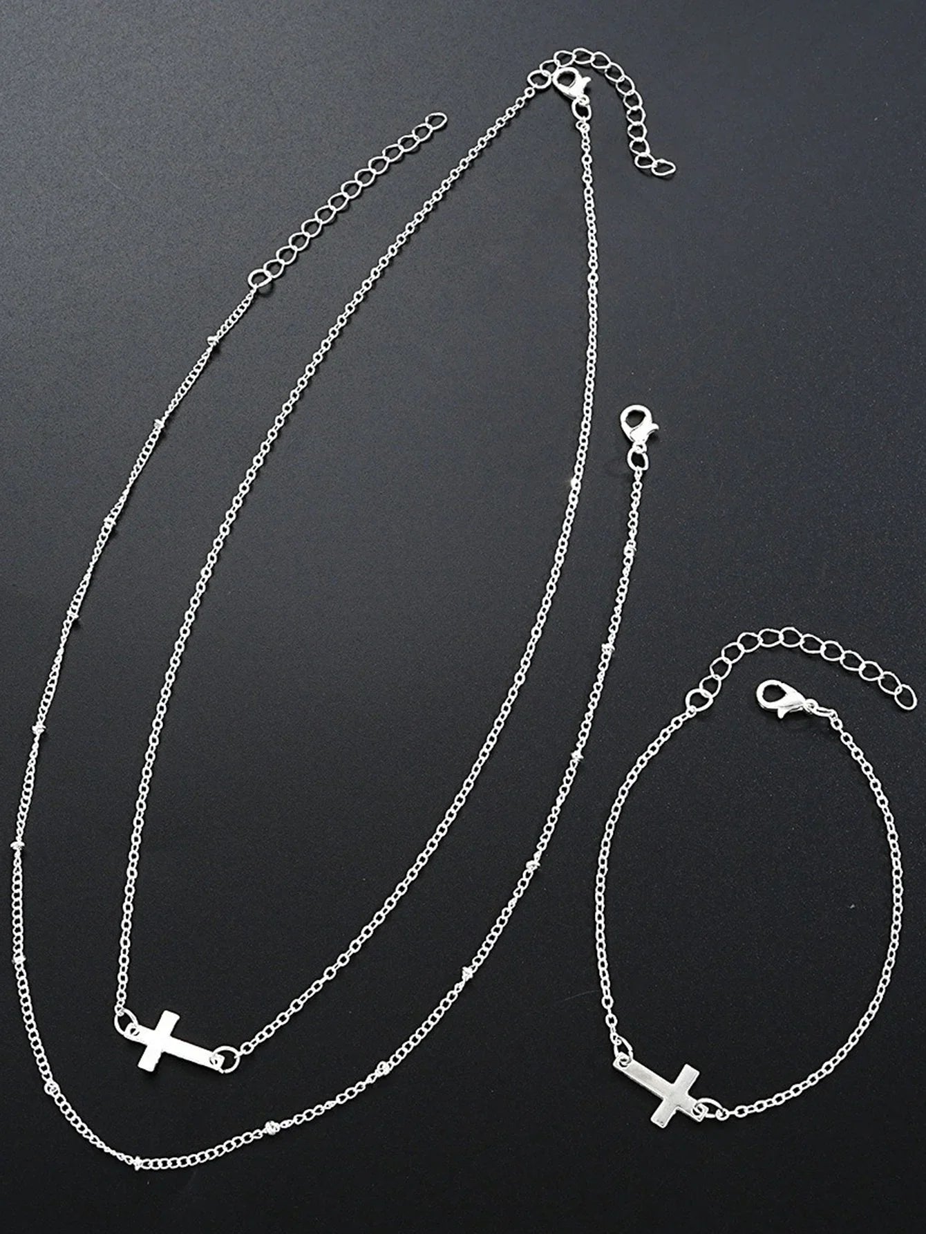 Vintage Gold Color Metal Cross Pendant Necklace Bracelet Jewelry Set for Women Simple Minimalist Match Daily Wear Accessories